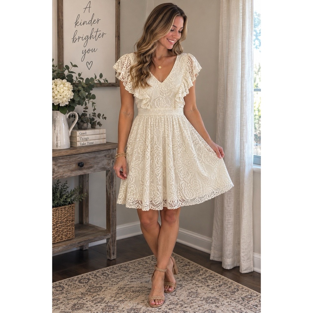 Altar'd State Dress S Ivory Floral Lace Ruffle Sleeve Fit Flare Bridal Boho